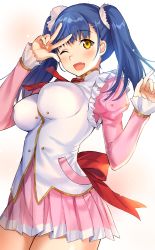 Rule 34 | 1girl, ;d, blue hair, blush, breasts, commentary request, cowboy shot, fang, frilled sleeves, frilled vest, frills, hair ornament, hands up, impossible clothes, juliet sleeves, large breasts, long hair, long sleeves, looking at viewer, miniskirt, neck ribbon, one eye closed, open mouth, original, pink shirt, pink skirt, pleated skirt, puffy sleeves, red ribbon, ribbon, sanpaku, shirt, simple background, skirt, sleeves past wrists, smile, solo, tan (tangent), thighs, twintails, vest, w, white background, white vest, yellow eyes