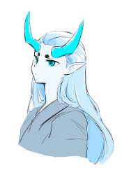 Rule 34 | 1boy, aqua horns, blue eyes, blue hair, blue theme, expressionless, highres, horns, long hair, luo xiaohei zhanji, male focus, md smpq, pointy ears, short eyebrows, simple background, solo, upper body, white background, xuhuai (the legend of luoxiaohei)