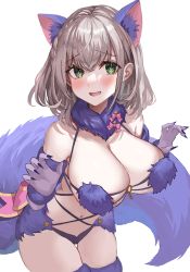 Rule 34 | 1girl, absurdres, animal ears, blush, breasts, claw pose, cleavage, cosplay, elbow gloves, fate/grand order, fate (series), fur-trimmed gloves, fur-trimmed legwear, fur collar, fur trim, gloves, green eyes, grey hair, hands up, highres, hololive, large breasts, mash kyrielight, mash kyrielight (dangerous beast), mash kyrielight (dangerous beast) (cosplay), navel, o-ring, o-ring top, open mouth, purple gloves, purple tail, purple thighhighs, revealing clothes, rum raisin (chihiromakita19), shirogane noel, short hair, simple background, solo, tail, thighhighs, virtual youtuber, wavy hair, white background, wolf ears, wolf tail