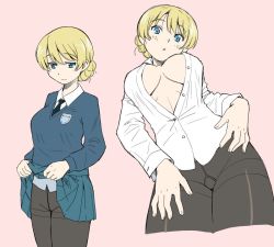 Rule 34 | 10s, 1girl, black neckwear, black pantyhose, blonde hair, blue eyes, blue skirt, blue sweater, braid, breasts, breasts apart, closed mouth, clothes lift, collared shirt, commentary, cropped legs, crotch seam, darjeeling (girls und panzer), dress shirt, emblem, girls und panzer, hand on own leg, lifted by self, long sleeves, looking at viewer, looking down, medium breasts, miniskirt, multiple views, necktie, no pants, open clothes, open shirt, pantyhose, parted lips, pink background, pleated skirt, school uniform, shirt, short hair, skirt, skirt lift, smile, st. gloriana&#039;s school uniform, standing, sweater, swept bangs, thighs, twin braids, uona telepin, v-neck, white shirt, wing collar
