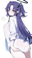 Rule 34 | 1girl, absurdres, ass, blue archive, blush, breasts, closed mouth, cowboy shot, halo, hands on own ass, highres, hiroikara (smhong04), large breasts, long hair, long sleeves, looking at viewer, looking back, mechanical halo, no pants, purple eyes, purple hair, shirt, simple background, solo, spoken blush, two side up, white background, white shirt, yuuka (blue archive)