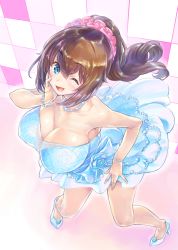 Rule 34 | 1girl, ;d, bare shoulders, blue dress, blue flower, blue rose, bow, bracelet, breasts, bride, brown hair, cleavage, cowboy shot, dress, floral print, flower, fujisaki yua, full body, hair between eyes, hair ornament, hand on own face, hand up, high heels, highres, jewelry, kikuru (vtuber), kiyama satoshi, large breasts, legs apart, looking at viewer, necklace, one eye closed, open mouth, pearl bracelet, pearl necklace, ponytail, rose, rose print, smile, solo, standing, strapless, strapless dress, virtual youtuber, wedding dress, ||/