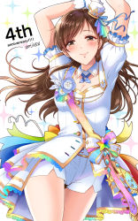Rule 34 | 1girl, arms up, belt buckle, blue ribbon, blush, breasts, brown eyes, brown hair, buckle, cleavage, closed mouth, collarbone, cowboy shot, detached collar, floating hair, gen (enji), gloves, hat, highres, idolmaster, idolmaster cinderella girls, long hair, looking at viewer, medium breasts, mini hat, nitta minami, ribbon, short shorts, short sleeves, shorts, smile, solo, standing, white gloves, white hat, white shorts, wing collar