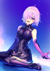Rule 34 | 1girl, :d, armored boots, armored leotard, bare shoulders, black footwear, black leotard, black thighhighs, blue sky, blush, boots, breasts, commentary request, dutch angle, elbow gloves, fate/grand order, fate (series), gloves, gradient sky, hair over one eye, high heel boots, high heels, highres, large breasts, leotard, mash kyrielight, open mouth, outdoors, pink gloves, pink hair, purple eyes, purple sky, short hair, sitting, sky, smile, solo, soupchan, thighhighs, wariza