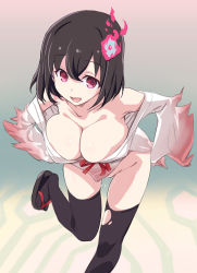 Rule 34 | 1girl, black hair, black thighhighs, blush, bottomless, breasts, character request, cleavage, collarbone, copyright request, fire, fire, hair between eyes, highres, japanese clothes, kimono, kiyama satoshi, large breasts, long sleeves, looking at viewer, no bra, open mouth, pussy juice, red eyes, sandals, short hair, simple background, smile, solo, standing, standing on one leg, thighhighs, torn clothes, torn thighhighs, virtual youtuber, wide sleeves
