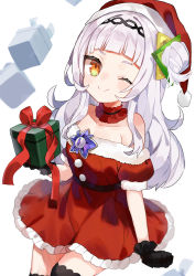 Rule 34 | 1girl, absurdres, blunt bangs, breasts, christmas, cleavage, collarbone, commentary request, gift, hair bun, hair ornament, hat, highres, hololive, long hair, looking at viewer, murasaki shion, noi mine, one eye closed, santa costume, santa hat, silver hair, simple background, single side bun, solo, virtual youtuber, white background, yellow eyes