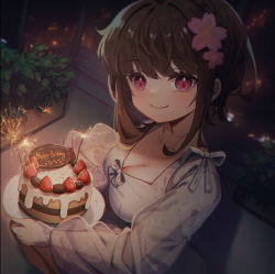 Rule 34 | 1girl, absurdres, birthday cake, blouse, blurry, blurry background, breasts, brown hair, bush, cake, cleavage, collarbone, commentary, daikazoku63, flower, food, fruit, hair flower, hair ornament, happy birthday, highres, jacket, kneeling, lipstick, long sleeves, looking at viewer, looking to the side, makeup, original, outdoors, pink eyes, plate, puffy sleeves, ribbon, shirt, short hair with long locks, sidelocks, smile, solo, strawberry, white jacket, white ribbon, white shirt