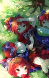 Rule 34 | 1girl, arm up, blush, book, bow, cape, dappled sunlight, disembodied head, fanning face, food, fruit, gradient background, hair bow, highres, lying, makuwauri, mouth hold, mundane utility, on back, open book, reading, red eyes, red hair, sekibanki, shirt, skirt, solo, summer, sunlight, sweat, touhou, tree, watermelon