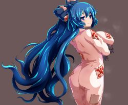 Rule 34 | 1girl, alternate breast size, ass, blue eyes, blue hair, breasts, covered erect nipples, from behind, highres, huge breasts, long hair, looking at viewer, ofuda, ofuda on clothes, open mouth, patch, peso (cheese company), pussy juice, pussy juice drip through clothes, smile, stuffed animal, stuffed cat, stuffed toy, surprised, touhou, very long hair, wavy mouth, yorigami shion