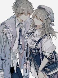 Rule 34 | 1boy, 1girl, absurdres, bag, beret, blue skirt, bow, bowtie, caelus (honkai: star rail), closed mouth, collared shirt, cowboy shot, fashion, grey hair, grey headwear, grey jacket, grey necktie, hair between eyes, handbag, hat, highres, honkai: star rail, honkai (series), jacket, long hair, long sleeves, looking at viewer, mulihaohao, necktie, open clothes, open jacket, plaid, plaid jacket, plaid necktie, puffy short sleeves, puffy sleeves, school uniform, shirt, short hair, short sleeves, simple background, skirt, smile, stelle (honkai: star rail), suspender skirt, suspenders, trailblazer (honkai: star rail), two-sided fabric, two-sided jacket, white background, white bow, white bowtie, white shirt, yellow eyes