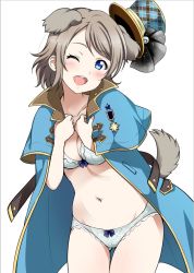 Rule 34 | 10s, 1girl, ;d, animal ears, blue bra, blue eyes, blue panties, blush, bra, breasts, brown hair, coat, dog ears, dog tail, frilled bra, frilled panties, frills, hat, highres, jacket, jacket on shoulders, legs together, looking at viewer, love live!, love live! school idol festival, love live! sunshine!!, medium breasts, navel, one eye closed, open clothes, open coat, open mouth, panties, sankuro (agoitei), short hair, simple background, smile, solo, standing, tail, teeth, thigh gap, top hat, underwear, watanabe you, white background