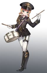 Rule 34 | 1girl, adcd, black necktie, blonde hair, boots, drum, drumsticks, full body, gloves, gradient background, grey background, hat, instrument, knee boots, long sleeves, looking at viewer, low twintails, military, military uniform, necktie, original, pants, parted lips, peaked cap, snare drum, solo, standing, strap, thigh strap, twintails, uniform, white background, white gloves, white pants, yellow eyes