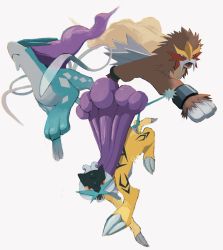 Rule 34 | absurdres, brown fur, claws, closed mouth, creatures (company), entei, fangs, frown, game freak, gen 2 pokemon, gogot, highres, legendary pokemon, nintendo, no humans, open mouth, orange eyes, pokemon, pokemon (creature), raikou, red eyes, simple background, suicune, tusks, white background