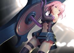 Rule 34 | 1girl, armor, armored dress, elbow gloves, fate/grand order, fate (series), from below, gloves, highres, holding, holding shield, light rays, looking away, mash kyrielight, navel, open mouth, purple eyes, purple hair, segamark, shield, short hair, standing, thighhighs