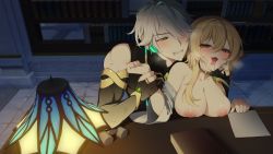 Rule 34 | 1boy, 1girl, absurdres, ahoge, alhaitham (genshin impact), bare shoulders, blonde hair, blush, breasts, cheek squash, cleavage, face grab, face squeeze, genshin impact, gloves, green eyes, grey hair, hair between eyes, hair over one eye, hetero, highres, ia (ias1010), implied sex, large breasts, long sleeves, lumine (genshin impact), nipples, sex, short hair, short hair with long locks, sidelocks, yellow eyes