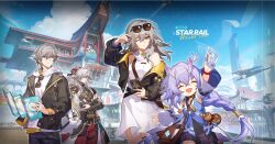 Rule 34 | 2023, 2boys, 2girls, :d, ^ ^, alternate costume, bailu (honkai: star rail), bailu (world tour 2023) (honkai: star rail), bare legs, bare shoulders, black jacket, black sleeves, blue sky, bracelet, braid, breasts, brown bag, caelus (honkai: star rail), caelus (world tour 2023) (honkai: star rail), chinese clothes, closed eyes, cloud, crossed arms, day, dragon horns, drawing (object), dress, english text, eyewear on head, glasses, hair between eyes, hair over one eye, height difference, high ponytail, highres, holding, holding map, holding phone, honkai: star rail, honkai (series), horns, jacket, jewelry, jing yuan, long hair, map, medium breasts, medium hair, multiple boys, multiple girls, official art, one eye closed, open hand, open mouth, outdoors, pants, phone, ponytail, red pants, shirt, short hair, sky, small breasts, smile, standing, stelle (honkai: star rail), stelle (world tour 2023) (honkai: star rail), thigh strap, trailblazer (honkai: star rail), upper body, white bag, white dress, white shirt, white sleeves, wind, yellow eyes