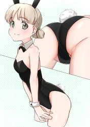 Rule 34 | 0:00, 1girl, aki (girls und panzer), alternate costume, animal ears, ass, bare legs, black bow, black bowtie, black leotard, bow, bowtie, breasts, closed mouth, collar, commentary, cropped legs, cuffs, detached collar, fake animal ears, fake tail, girls und panzer, green background, green eyes, hair tie, highres, leaning forward, leotard, light brown hair, looking at viewer, low twintails, multiple views, no legwear, playboy bunny, polka dot, polka dot background, rabbit ears, rabbit tail, short hair, short twintails, small breasts, smile, solo, standing, strapless, strapless leotard, symbol-only commentary, tail, twintails, white collar, wrist cuffs