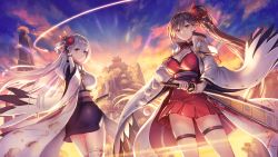 Rule 34 | &gt;:), 2girls, anbe yoshirou, ass, azur lane, backlighting, black gloves, blue eyes, blue skirt, blue sky, breasts, brown eyes, brown hair, building, cleavage, cliff, closed mouth, cloud, dress, dutch angle, evening, flight deck, flower, gloves, hair flower, hair ornament, halter dress, halterneck, highres, holding, holding sword, holding weapon, japanese clothes, katana, kimono, large breasts, light particles, long hair, looking at viewer, looking back, miniskirt, mole, mole under eye, multiple girls, one side up, partially fingerless gloves, pom pom (clothes), red dress, red ribbon, ribbon, ribbon-trimmed legwear, ribbon trim, sheath, sheathed, shoukaku (azur lane), side ponytail, silver hair, skirt, sky, smile, straight hair, sunlight, sunset, sword, tassel, thigh strap, thighhighs, torii, underbust, v-shaped eyebrows, very long hair, water, waterfall, weapon, white kimono, white legwear, wide sleeves, wings, zettai ryouiki, zuikaku (azur lane)