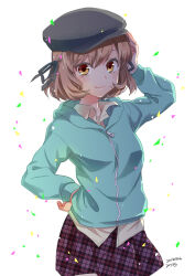 Rule 34 | 1girl, 2017, aqua jacket, arm up, black headwear, black ribbon, blush, brown eyes, brown hair, casual, closed mouth, commentary request, confetti, cowboy shot, dated, hair between eyes, hair ribbon, hand on own hip, highres, hood, hood down, hooded jacket, inoue (rewrite), jacket, long sleeves, looking at viewer, medium hair, miniskirt, misaki juri, plaid, plaid skirt, rewrite, ribbon, signature, simple background, skirt, smile, solo, standing, white background