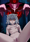 Rule 34 | 1girl, animal ears, cat ears, gradient background, grey hair, highres, hunter x hunter, looking at viewer, neferpitou, nude, puppet, pussy, slit pupils, spread legs, terpsichora, third-party edit, uncensored