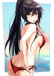 Rule 34 | 1girl, absurdres, ass, bikini, black hair, blush, breasts, butt crack, closed mouth, earrings, hair between eyes, high ponytail, highres, hip focus, idolmaster, idolmaster shiny colors, jewelry, large breasts, long hair, looking at viewer, ormille, ponytail, red bikini, shirase sakuya, sideboob, solo, swimsuit, thighs, untied bikini, yellow eyes