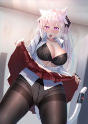 Rule 34 | 1girl, bad id, bad twitter id, black bra, blush, bow, bow panties, bra, breasts, cleavage, clothes lift, condom, condom in mouth, condom wrapper, hair ornament, highres, large breasts, long hair, looking at viewer, mirufuaa, mouth hold, open clothes, open shirt, original, panties, panties under pantyhose, pantyhose, purple eyes, shirt, skirt, skirt lift, solo, tail, thighband pantyhose, underwear, white hair, white tail