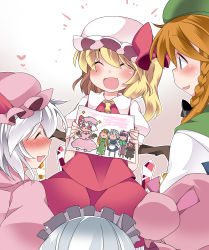 Rule 34 | 5girls, :d, ^ ^, bad id, bad pixiv id, blonde hair, blush, child&#039;s drawing, closed eyes, closed eyes, flandre scarlet, hammer (sunset beach), happy, hat, hat ribbon, heart, hong meiling, izayoi sakuya, koakuma, light brown hair, maid headdress, mob cap, multiple girls, open mouth, patchouli knowledge, purple hair, red hair, remilia scarlet, ribbon, siblings, side ponytail, silver hair, sisters, smile, touhou