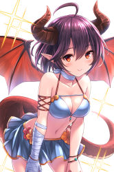 Rule 34 | 1girl, :&gt;, ahoge, arm strap, bandages, bandaged arm, bandages, bangle, bare arms, bare shoulders, bikini, bikini skirt, blue bikini, blush, bracelet, breasts, choker, cleavage, closed mouth, collarbone, commentary request, cowboy shot, dragon girl, dragon horns, dragon tail, dragon wings, flower, granblue fantasy, grea (shingeki no bahamut), hair between eyes, highres, horns, jewelry, leaning forward, lips, looking at viewer, medium breasts, medium hair, navel, pointy ears, purple hair, red eyes, red flower, red wings, scales, shingeki no bahamut, simple background, smile, solo, sparkle, spikes, swimsuit, tail, tomo (tmtm mf mf), white background, white choker, wings