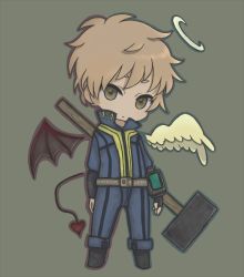 Rule 34 | 1boy, angel wings, asymmetrical wings, bat wings, belt, blonde hair, chibi, closed mouth, fallout (series), fallout 3, formal, full body, green eyes, halo, hoshino (starrytheorem), lone wanderer, looking at viewer, male focus, original, simple background, solo, suit, tail, vault suit, weapon, wings
