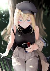 Rule 34 | bad id, bad twitter id, bismarck (kancolle), blonde hair, blue eyes, breasts, highres, kantai collection, sitting, solo, solo focus, tree, turtleneck, yunamaro