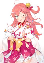 Rule 34 | 1girl, 35p (sakura miko), absurdres, ahoge, animal, blush, breasts, cat, cherry blossoms, green eyes, hair ornament, hair over shoulder, hairclip, highres, holding, holding animal, holding cat, hololive, kintoki (sakura miko), long hair, looking at viewer, medium breasts, one eye closed, one side up, open mouth, pink cat, pink hair, sakura miko, sakura miko (1st costume), satobitob, sideboob, smile, solo, standing, tongue, virtual youtuber, white background, white cat, wide sleeves