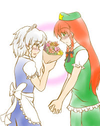 Rule 34 | 2girls, blush, braid, commentary, female focus, flower, own hands clasped, hong meiling, izayoi sakuya, long hair, maid, multiple girls, own hands together, red hair, sento (iroiro gottani), embodiment of scarlet devil, touhou, twin braids, white hair, yuri