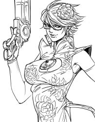 Rule 34 | 1girl, alternate hairstyle, bad id, bayonetta, bayonetta, bayonetta (series), bayonetta 2, bb (baalbuddy), breasts, china dress, chinese clothes, closed mouth, covered erect nipples, dress, earrings, elbow gloves, fingerless gloves, flower, gloves, greyscale, gun, hair flower, hair ornament, highres, holding, holding gun, holding weapon, inactive account, jewelry, large breasts, looking at viewer, monochrome, short hair, simple background, smile, solo, trigger discipline, weapon, white background