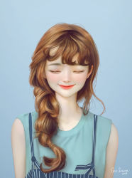 Rule 34 | 1girl, arm at side, artist name, blue background, blue overalls, blue shirt, braid, brown hair, closed eyes, closed mouth, commentary, english commentary, geo siador, highres, original, overalls, shirt, side braid, simple background, sleeveless, sleeveless shirt, smile, solo, upper body, vertical-striped overalls