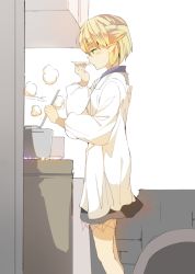 Rule 34 | 1girl, apron, bad id, bad twitter id, blonde hair, cooking, from side, green eyes, hasebe yuusaku, kappougi, mizuhashi parsee, plate, pointy ears, pot, saucer, short hair, solo, tasting, tasting plate, touhou