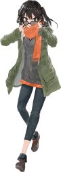 Rule 34 | 1girl, bob (biyonbiyon), brown eyes, brown hair, denim, full body, jacket, jeans, kantai collection, official art, pants, pocket, scarf, sendai (kancolle), shoes, solo, sunglasses, sweater, transparent background, two side up