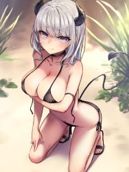 Rule 34 | 1girl, 3:, absurdres, arm under breasts, bare arms, bare shoulders, bikini, black bikini, black choker, black footwear, breast hold, breasts, choker, cleavage, closed mouth, collarbone, commentary, day, demon girl, demon horns, demon tail, english commentary, frown, grass, grey hair, halterneck, high heels, highres, horns, kneeling, large breasts, light particles, long hair, looking at viewer, navel, original, outdoors, purple eyes, ryuinu, sandals, side-tie bikini bottom, solo, stomach, string bikini, swimsuit, tail, thighs, untied bikini