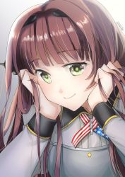 Rule 34 | 1girl, american flag, american flag print, brown hair, closed mouth, corset, flag print, green eyes, hands on own face, helena (kancolle), highres, kantai collection, kimura shiki, long hair, long sleeves, military, military uniform, neck ribbon, one-hour drawing challenge, ribbon, smile, solo, uniform, upper body
