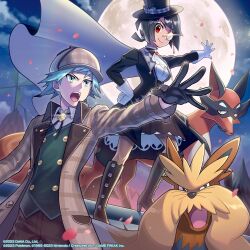 Rule 34 | 1boy, 1girl, ascot, black gloves, black hair, black headwear, boots, brown pants, buttons, closed mouth, cloud, coat, collared shirt, commentary, creatures (company), english commentary, game freak, gen 5 pokemon, gen 8 pokemon, gloves, green vest, hat, highres, knee boots, knees, monocle, moon, night, nintendo, official alternate costume, official art, open clothes, open coat, outdoors, outstretched arm, pants, pokemon, pokemon (creature), pokemon masters ex, red eyes, second-party source, shirt, short hair, sky, smile, spread fingers, standing, steven stone, steven stone (special costume), stoutland, takahashi jun (tkjun m), thievul, top hat, vest, watermark, white ascot, white gloves, zinnia (pokemon), zinnia (special costume) (pokemon)