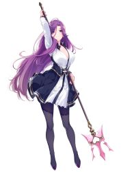 Rule 34 | 1girl, breasts, cleavage, collared shirt, eyes visible through hair, full body, grey eyes, hair blowing, heart, highres, holding, holding polearm, holding spear, holding weapon, large breasts, long hair, looking at viewer, murasaki yurika, official art, omega labyrinth life, pantyhose, polearm, purple hair, school uniform, shirt, simple background, smile, solo, spear, transparent background, trident, u35, weapon, white background, wind, wind lift