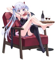Rule 34 | 1girl, alcohol, arm behind head, arm up, armpits, ass, barefoot, black chemise, black panties, black thighhighs, bottle, cameltoe, chair, chemise, cup, demon girl, drinking glass, fang, feet, highres, holding, holding hair, horns, leg up, legs, long hair, new game!, open mouth, panties, purple eyes, purple hair, retumihari, simple background, single thighhigh, smile, soles, solo, strap slip, suzukaze aoba, table, thighhighs, thighs, toes, twintails, underwear, white background, wine, wine bottle, wine glass