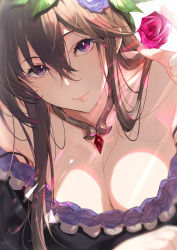 Rule 34 | 1girl, absurdres, bare shoulders, black dress, blush, breasts, brown hair, cleavage, closed mouth, collarbone, dress, flower, food, granblue fantasy, hair between eyes, hair flower, hair ornament, highres, holding, index finger raised, jewelry, kakage, large breasts, leaning forward, lips, long hair, looking at viewer, neck ring, off-shoulder dress, off shoulder, pendant, purple eyes, purple flower, purple rose, rose, rosetta (granblue fantasy), smile, solo, sunlight