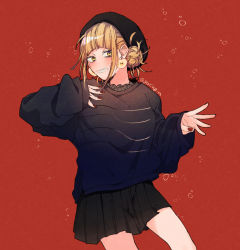 Rule 34 | 1girl, air bubble, apple earrings, baggy clothes, beret, black skirt, black sweater, blonde hair, blunt bangs, blush, boku no hero academia, bubble, cowboy shot, dangle earrings, double bun, earrings, eyelashes, food-themed earrings, food themed earrings, gim (gim-gim-3919), grin, hair bun, hand on own chest, hat, jewelry, looking at viewer, messy hair, nail polish, piercing, pleated skirt, red background, red nails, sidelocks, skirt, sleeves past wrists, smile, solo, sweater, toga himiko, tsurime, twitter username, yellow eyes