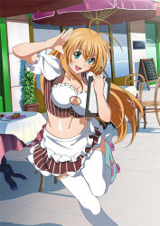 Rule 34 | 00s, 1girl, aqua eyes, breasts, cleavage, cleavage cutout, clothing cutout, collarbone, day, fang, hair between eyes, holding, ikkitousen, large breasts, light brown hair, long hair, looking at viewer, midriff, navel, open mouth, outdoors, shiny skin, solo, sonsaku hakufu, thighhighs, white thighhighs