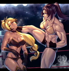Rule 34 | 2girls, abs, absurdres, arsonichawt, bare arms, bare legs, bare pectorals, biceps, black footwear, black gloves, blonde hair, boston crab, breasts, cleavage cutout, clothing cutout, commission, elbow gloves, fingerless gloves, gloves, high kick, highres, kicking, large breasts, mma gloves, motion blur, multiple girls, muscular, muscular female, original, pectorals, pixiv commission, ponytail, purple eyes, ryona, shorts, thighhighs, wrestling