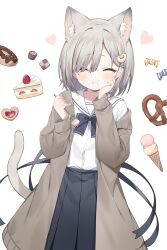 Rule 34 | 1girl, absurdres, animal ears, black skirt, blush, cake, cake slice, cat ears, cat tail, checkerboard cookie, closed eyes, closed mouth, coat, cookie, doughnut, eating, food, fork, grey coat, grey hair, highres, holding, holding fork, ice cream, inuyayo, long sleeves, mole, mole under eye, open clothes, open coat, original, pleated skirt, pretzel, sailor collar, short hair, skirt, solo, tail, white sailor collar