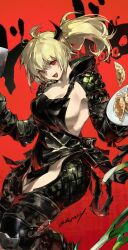 1girl absurdres apron black_apron blonde_hair breasts commentary dorohedoro dumpling english_commentary food highres holding holding_plate holding_spatula horns jiaozi long_hair mixed-language_commentary nikaidou_(dorohedoro) plate ponytail red_background smile solo spatula twice12314