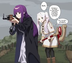 Rule 34 | 2girls, absurdres, aiming, ak-47, anachronism, assault rifle, black coat, black pantyhose, black shirt, blunt bangs, boots, brown footwear, capelet, closed mouth, coat, commentary, dress, elf, english text, expressionless, feet out of frame, fern (sousou no frieren), forest, frieren, gold trim, green eyes, grey sky, gun, highres, holding, holding gun, holding staff, holding weapon, kalashnikov rifle, long coat, long dress, long hair, long sleeves, looking afar, looking at viewer, mage staff, medium bangs, multiple girls, nature, nyxview, open clothes, open coat, open mouth, outdoors, overcast, pantyhose, parted bangs, pointy ears, pun, purple eyes, purple hair, rifle, shirt, sidelocks, skirt, sky, sousou no frieren, staff, striped clothes, striped shirt, twintails, weapon, white capelet, white dress, white hair, white shirt, white skirt