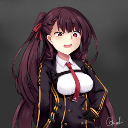 Rule 34 | 1girl, absurdres, black skirt, blazer, blush, breasts, chrisandita, collared shirt, gesugao, girls&#039; frontline, gloves, grey background, hair ribbon, half updo, hand on own hip, high-waist skirt, highres, jacket, large breasts, long hair, looking at viewer, necktie, one side up, open mouth, pantyhose, purple hair, red eyes, red necktie, ribbon, shaded face, shirt, sidelocks, signature, simple background, skirt, solo, strap, tsurime, upper body, very long hair, wa2000 (girls&#039; frontline)