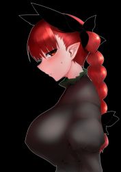 Rule 34 | 1girl, animal ears, black background, black bow, bow, braid, breasts, cat ears, covered erect nipples, dress, extra ears, from side, hair bow, kaenbyou rin, large breasts, looking at viewer, mizuga, outline, pointy ears, profile, red eyes, red hair, sideways glance, simple background, solo, touhou, twin braids, upper body, white outline